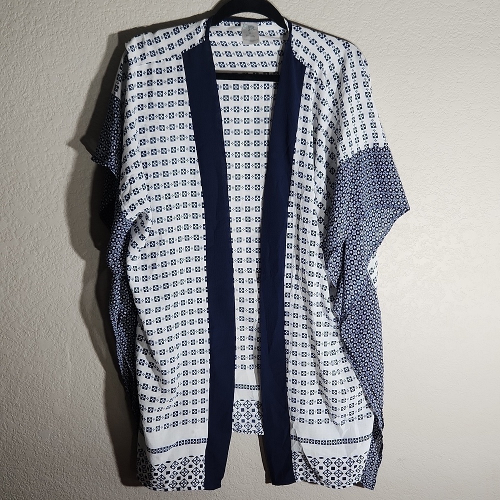 Kona Sol Sheer Cardigan Womens Size M Beach Cover Up Floral Navy Blue White